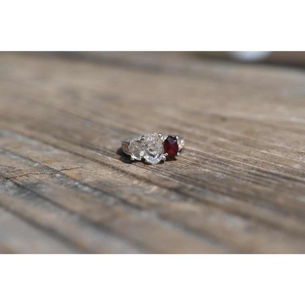 Raw Garnet and Lake county diamond Engagement Ring